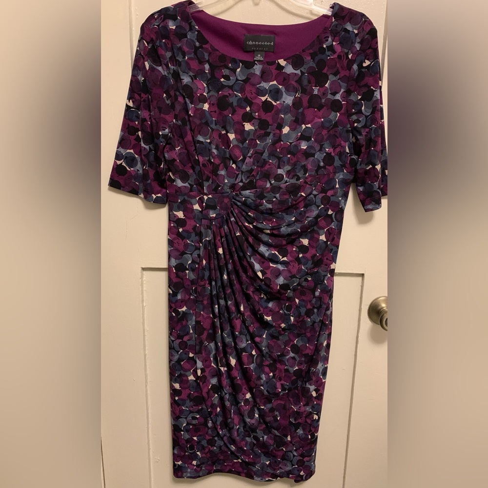 Connected Apparel elbow sleeve dress lined bodice multicolor pleated overlay - Picture 2 of 8